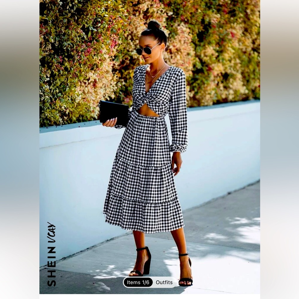 Gingham Twist Cut Out Ruffle Hem Bishop Sleeve Dress